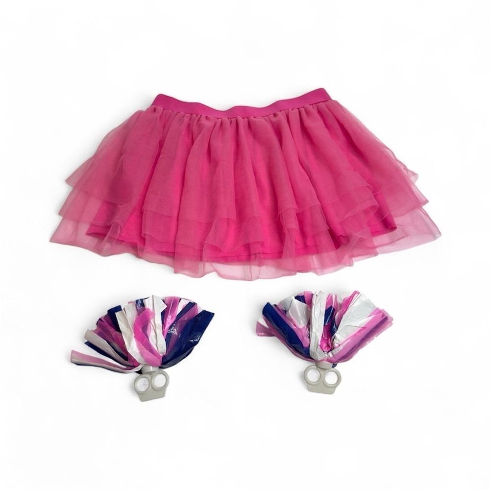 Spirit cheerleading Halloween costume Pink Tulle Tutu Skirt & Pompoms Set S/M